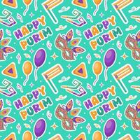 This seamless pattern for Happy Purim features delightful elements like Haman Klopfer, hamentashen, festive masks, and vibrant balloons, capturing the joy and celebration of this joyful Jewish holiday vector