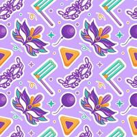 seamless pattern Happy Purim, featuring playful elements like Haman s ears, hamentashen, festive masks, and colorful balloons. Perfect for capturing the spirit of joy and festivity during the holiday. vector