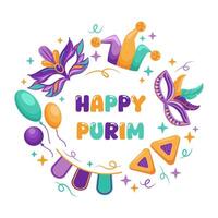 A vibrant illustration celebrating Purim, featuring colorful masks, a jester s hat, and delicious hamentashen pastries. Encircled in a round frame, it embodies joy and festivity of the holiday. vector