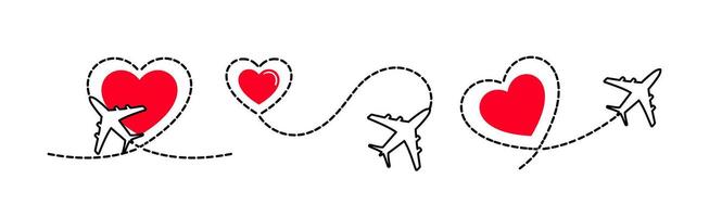 illustration depicts a dynamic set of planes in flight, symbolizing love and adventure. A heart motif emphasizes the theme of honeymoon and the joy of travel together. Perfect for romantic journeys. vector