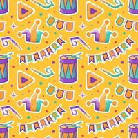 Create a vibrant illustration for Purim featuring a seamless pattern of hamentashen, festive garlands, jester hats, and drums, capturing the joyful spirit and traditions of this lively holiday vector