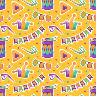 Create a vibrant illustration for Purim featuring a seamless pattern of hamentashen, festive garlands, jester hats, and drums, capturing the joyful spirit and traditions of this lively holiday