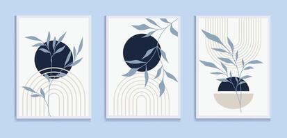 Botanical green wall art set. Boho foliage line art drawing with abstract shape. vector