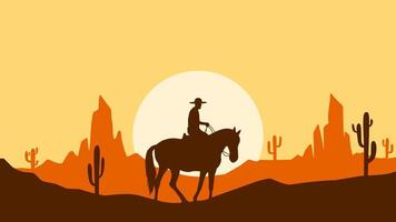Landscape of a cowboy riding a horse in the desert scenery. Panoramic view of wild west desert with cowboy on horseback during sunset. Illustration of scenic canyon with butte and cacti vector