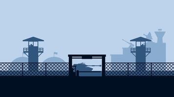 Landscape silhouette of military base scenery. Panoramic view of headquarter with military building and hangar. Illustration of scenic military bunker with tank and watchtower vector