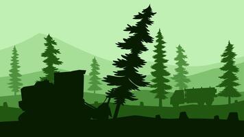 Landscape silhouette of illegal logging in a pine forest. Panoramic view of deforestation with bulldozer and forestry truck. Illustration of coniferous forest with illegal tree cutting activity vector