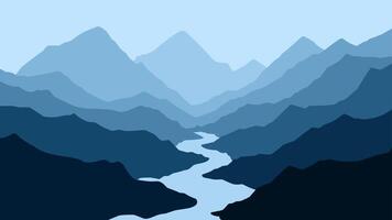 Landscape of a river in mountains scenery. Panoramic view of mountain range with a river flowing through it. Illustration of scenic landscape with river winding between majestic mountain range vector