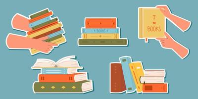 Cute set of World Book Day stickers stack of open,closed books,books in hands,for planners,notebooks. Printable list of cute. stickers.Blue isolated background.Flat style vector