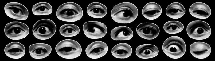 Diverse arrangements of eyes in halftone collage on black background showcasing varied expressions and perspectives over a creative layout. vector