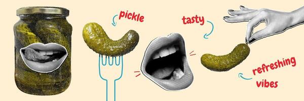 Enjoying tasty pickles with refreshing vibes from a jar in a vibrant kitchen setting, featuring a hand reaching for a delicious green pickle on a fork. vector