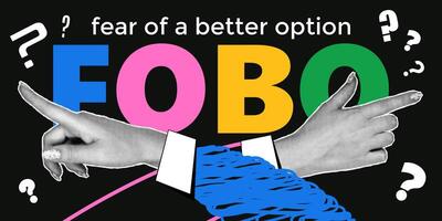 Exploring the concept of FOBO with vibrant collage artwork featuring hands pointing in opposite directions. vector