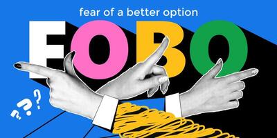 Collage representing the concept of FOBO, showcasing hands pointing in different directions against a vibrant background, symbolizing the fear of choosing a better option. vector