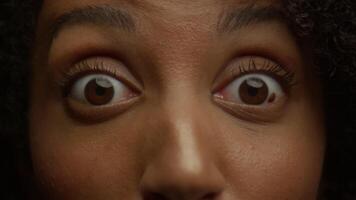 Close-up of wide eyes with surprised expression on yellow background video