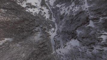 Top view of forest cabins covered in snow and a river in the middle video