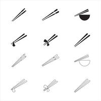 Chopstick Icons Set Solid and Outline Styles in Black on White vector