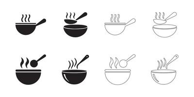 Soup Bowl Icons Set Solid and Outline Styles in Black on White vector