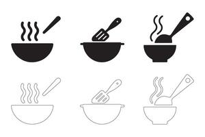 Soup Bowl Icons Collection Solid and Outline Styles in Black on White vector
