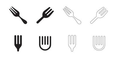 Fork Icons Set Solid and Outline Styles in Black on White vector