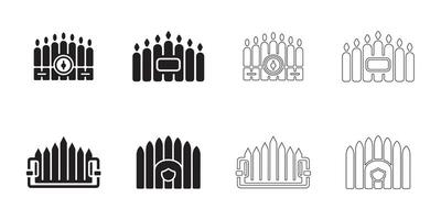 Fire Wall Gate and Fences Icons Set Solid and Outline Styles in Black on White vector