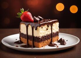 A layered dessert featuring a combination of a biscuit base, a rich chocolate brownie layer, and a creamy cheesecake topping photo