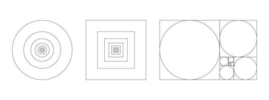 Golden ratio templates. Method golden section. Fibonacci shapes, array, numbers. Harmony proportions. Outline graphic illustration isolated on a white background. vector
