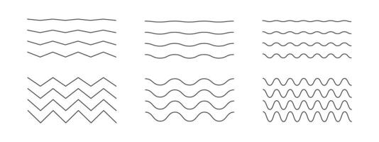 Wavy, curvy, zigzag lines set. Undulate borders, transverse horizontal line. Sine, fluid, air, wind signs. Water, river, lake, sea, ocean symbol. Wave ornament pattern. vector