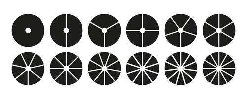Circle division from 1 to 12 on equal parts. Wheel round divided diagrams with segments. Infographic set. Coaching blank. Circle section graph. Pie chart icons. Geometric elements. vector