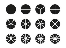 Pie chart template. Diagram wheel parts from 1 to 12. Sectors divide the circle on equal parts. Coaching blank. Black minimalist graphics. Set of pizza, pie segmented charts. Segments flat infographic vector