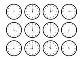 Set of clock icons. Round clocks faces with different time. Time graphic symbol isolated on a white background. Watch face flat graphic illustration. vector