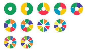 Donut charts, pies segmented on from 1 to 11 equal parts. Pie, pizza chart round icons layout. Diagram infographic multicoloured. Circle section graphs. Wheels divided in sections. Loading bar mockup. vector