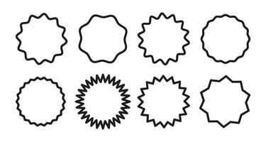 Circle lined borders. Curve edge frames sale, promo black set. Wavy circles. Round frames. Graphic illustration. Geometric line design. Editable stroke. Star burst shape tags for price. Vintage label. vector