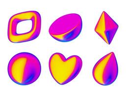 3D realistic render geometric figures. Vivid iridiscent design objects. Bright decorative shapes. Crystal, Sphere, Semicircle, Heart, drop. Isolated on a white background vector