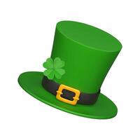 3d realistic green leprechaun top hat with a gold buckle and four-leaf clover. St. Patrick's Day decorative element. realistic illustration Isolated on white background vector