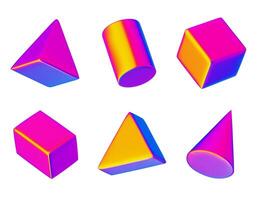 3D realistic render geometric figures. Vivid iridiscent design objects. Bright decorative shapes. Cube, cone, cylinder, pyramid. Isolated on a white background vector