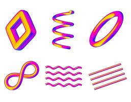 3D realistic render geometric figures. Vivid iridiscent design objects. Bright decorative shapes. Spiral, wavy lines, ring, torus, infinity symbol. Isolated on a white background vector