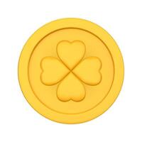 Golden Coin with Clover Leaf. St. Patrick's Day Treasure, Irish Good Luck symbol. 3D realistic Illustration isolated on a white background. vector