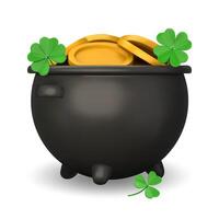 3D black pot full of gold coins. Leprechaun cauldron with four and three-leaf clover. 3D realistic illustration for St. Patricks Day. Isolated on white background. vector