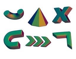 3D realistic render geometric figures. Matte green design elements. Colorful decorative shapes. Pyramid, Arrows, Cross, Half of torus. illustration Isolated on white vector
