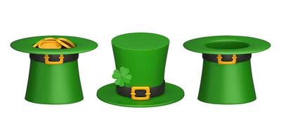 Set of 3d realistic green leprechaun top hat with a gold buckle and four-leaf clover. St. Patrick's Day decorative element. realistic illustration Isolated on white background vector