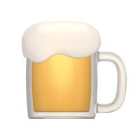 Beer mug with handle. Beer with foam in 3D cartoon style. Alcohol drink with foam. 3D realistic illustration isolated on white background. vector