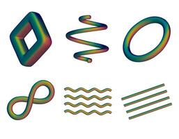 3D realistic render geometric figures. Matte green design elements. Colorful decorative shapes. Spiral, wavy lines, ring, torus, infinity symbol. illustration Isolated on white vector