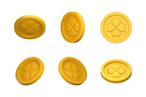 Gold fortune money set. Golden 3d coins with four-leaf clover in different angles. St. Patrick's Day design objects. 3D realistic style. illustration isolated on a white background. vector
