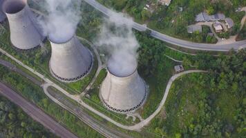 View from the drone on the cooling towers of the thermal power plant video