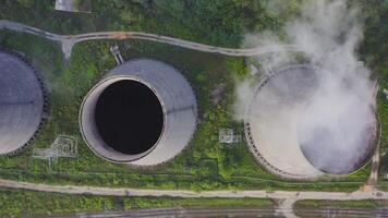 View from the drone on the cooling towers of the thermal power plant video