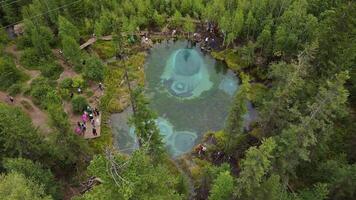 Aerial view of the geyser lake of turquoise color with crystal clear water video