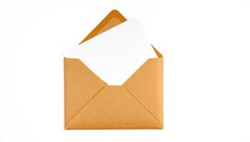 An open brown envelope with a blank letter inside, ready for personal messages or branding. Perfect for stationery and correspondence projects. photo