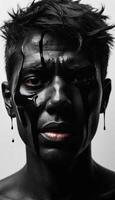 A striking black-and-white portrait showcasing a person's head, embellished with dripping paint. This artful image emphasizes identity and modern beauty in bold design. photo
