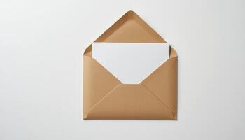 An open brown envelope with a blank letter inside, ready for personal messages or branding. Perfect for stationery and correspondence projects. photo