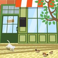 Charming summer cafe scene with closed door and window symbolizing day off. Cozy outdoor setting with tree, birds and cat. Capturing relaxation, happiness and the peaceful weekend vibe. Square banner vector