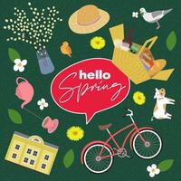 Modern drawing hand drawn square hello spring doodle banner. Features springtime collage with colorful design elements. Perfect for travel, vacation or greeting card themes vector
